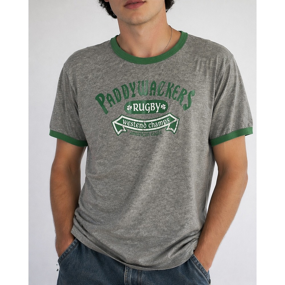 American Eagle T Shirt Vintage-Men's Medium-Gray and Green-Ringer T